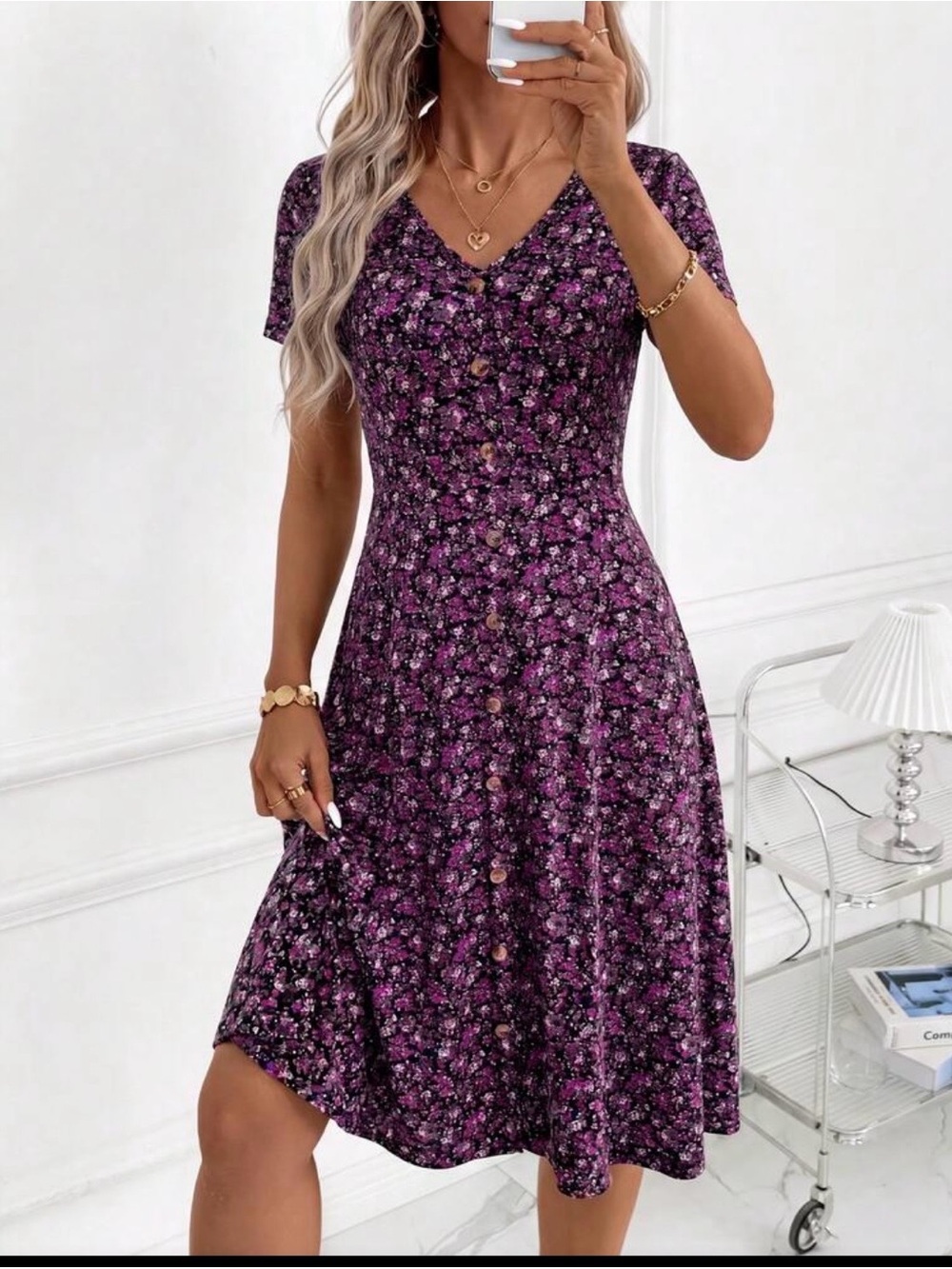 Purple Floral Button-Front V-Neck Dress